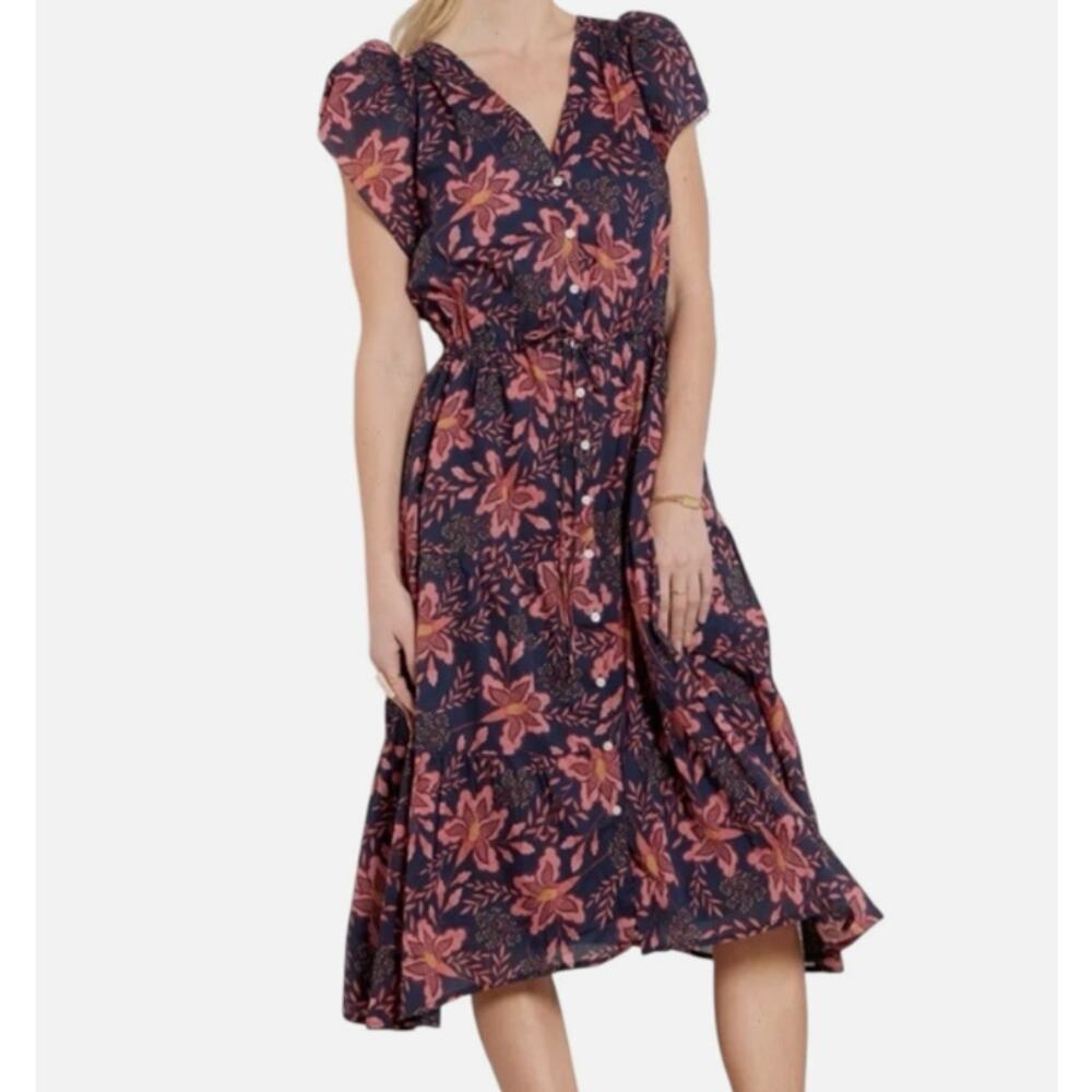 Trovata Birds of Paradis Hildie Dress Medium NWT Burgundy Pink Floral Tie Waist - Picture 3 of 9